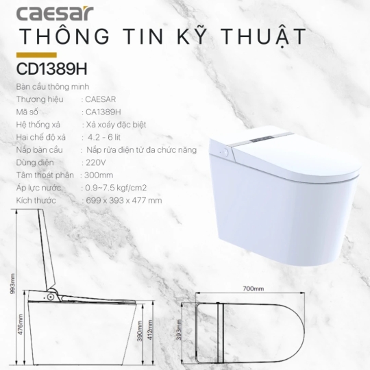 Bồn Cầu Thông Minh Caesar CA1389H Điện Tử Xả Nước Và Đóng Mở Nắp Tự Động