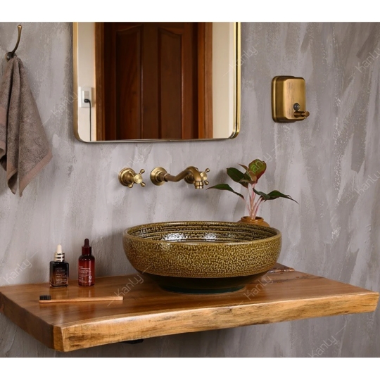 Chậu Rửa Mặt Lavabo Kanly Phong Cách Cổ Xưa SU122 Đặt Bàn Sứ Mỹ Thuật 395x145 mm