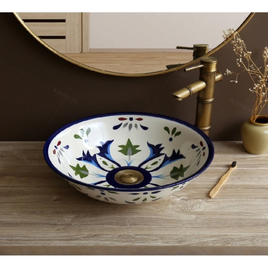 Chậu Rửa Mặt Lavabo Kanly Vẽ Tay Hoa Văn Cách Điệu SU401 Đặt Bàn Sứ Mỹ Thuật 415x125 mm