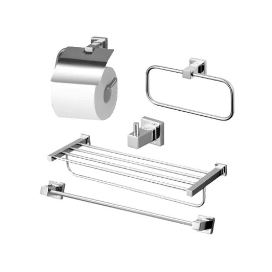 Bộ 5 sản phẩm L: lô đựng giấy vệ sinh, vòng treo khăn, móc áo, thanh vắt khăn & thanh vắt khăn 2 tầng YS408N5V