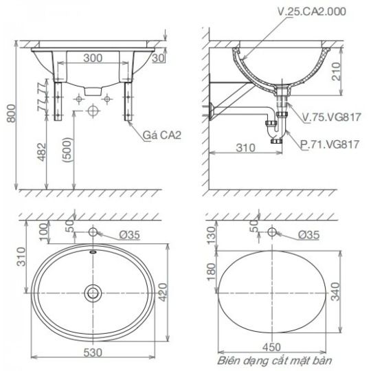 Chậu Rửa Mặt Lavabo Viglacera CA2 Âm Bàn