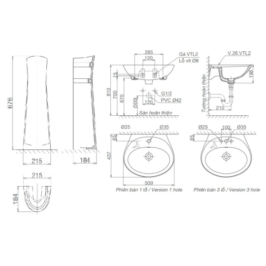 Chậu Lavabo Viglacera VTL2/VI1T (BS401/BS501) Treo Tường