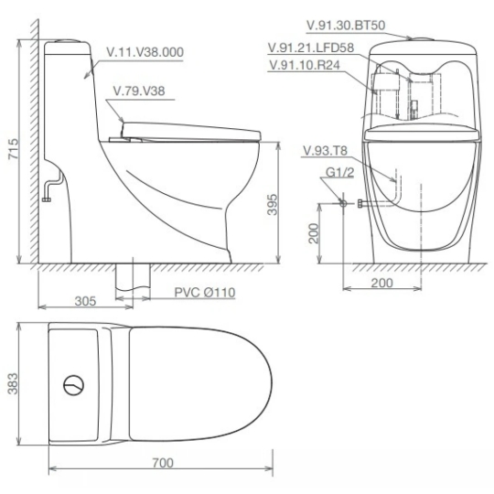 Bồn Cầu Viglacera V38 Nắp V38M + Vòi Xịt VG826 Xả Mưa