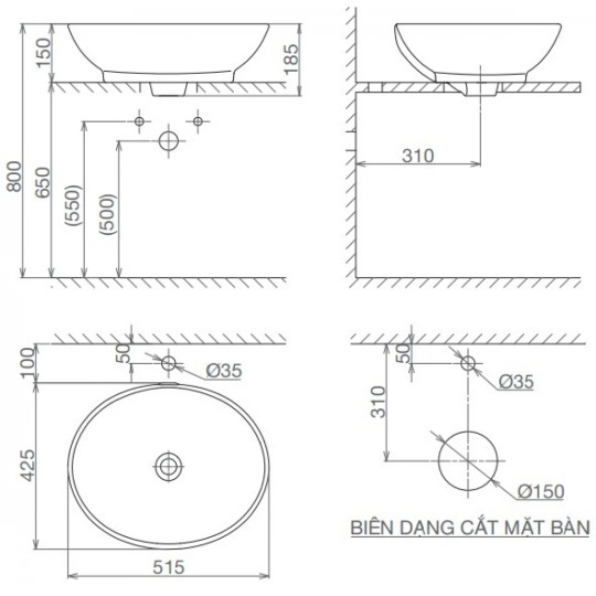 Chậu Rửa Mặt Lavabo Viglacera BS415 Đặt Bàn Đá Oval