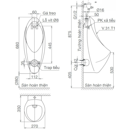 Bồn Tiểu Nam Viglacera T1 Treo Tường