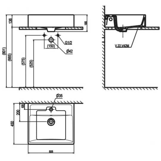 Chậu Rửa Lavabo Viglacera V42M Đặt Bàn Đá