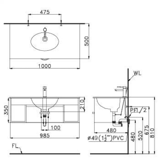 Lavabo CAESAR LF5028 Treo Tường - Đặt Bàn 1000x500 mm