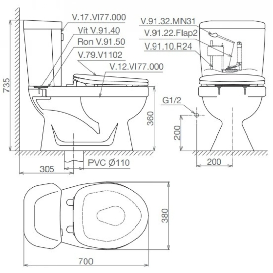 Bồn Cầu Viglacera VI77 2 Khối Nắp Thường Kèm Lavabo VTL2