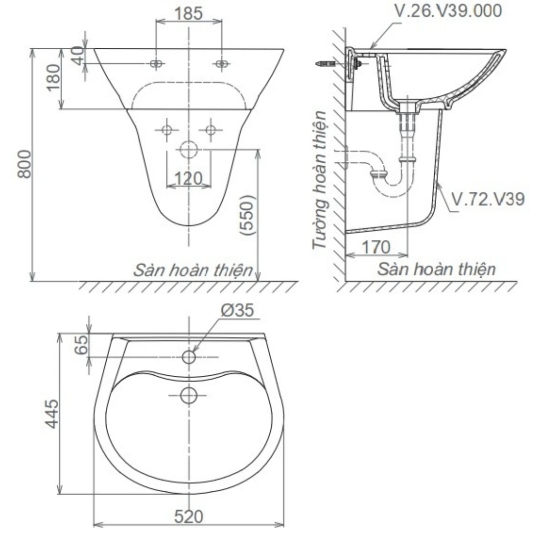 Chậu Rửa Lavabo Viglacera V39 Chân Treo