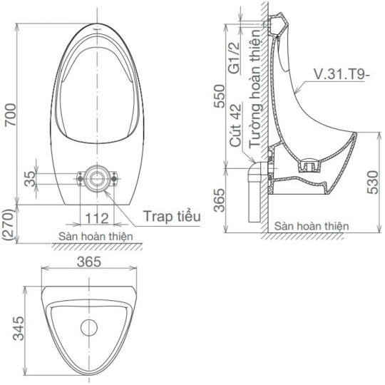 Bồn Tiểu Nam Viglacera T9 Treo Tường