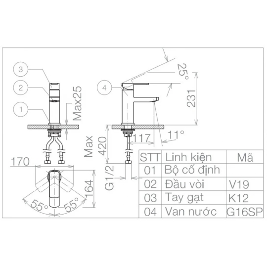 Vòi Chậu Rửa Măt Lavabo Viglacera VG112 Nóng Lạnh