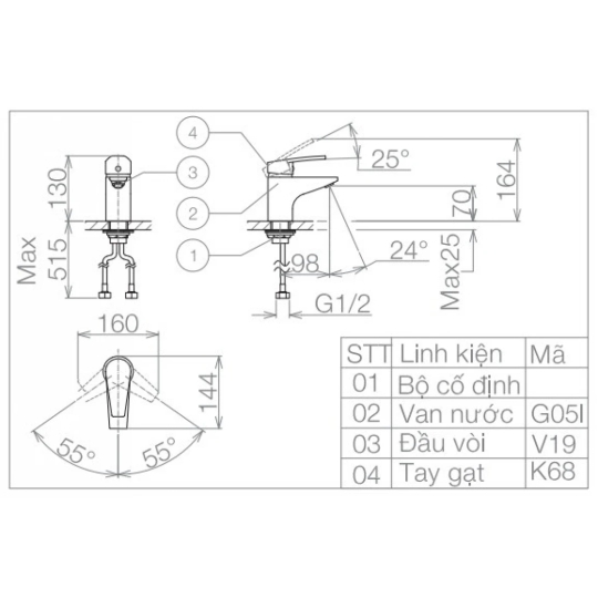 Vòi Chậu Rửa Mặt Lavabo Viglacera VG168 Nóng Lạnh