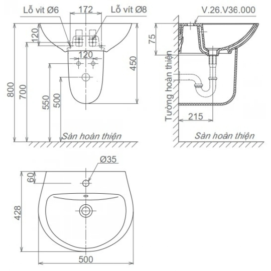 Chậu Rửa Lavabo Viglacera V36 Chân Treo