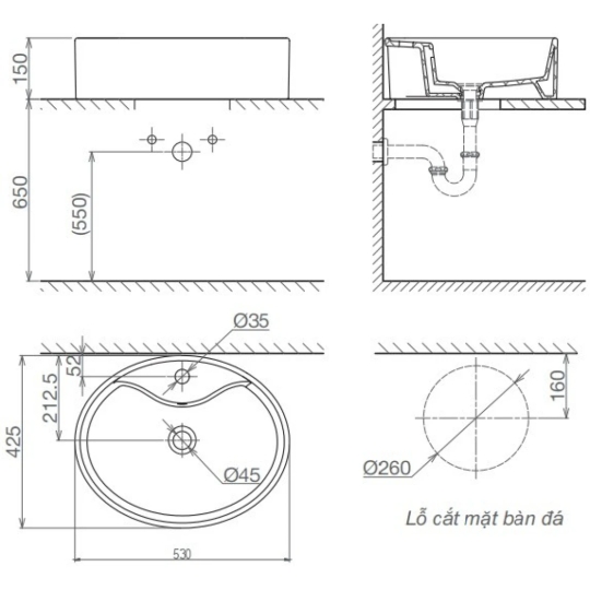 Chậu Rửa Mặt Lavabo Viglacera CD19 Đặt Bàn Tròn