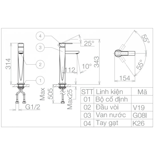 Vòi Chậu Rửa Mặt Lavabo Viglacera VG126 Nóng Lạnh Cổ Cao