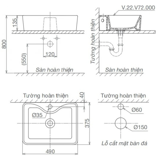 Chậu Rửa Lavabo Đặt Bàn Viglacera V72