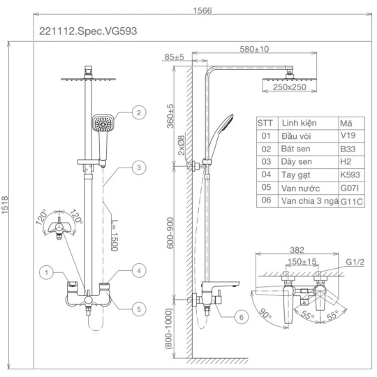 Vòi Sen Cây Viglacera VG593 Nóng Lạnh