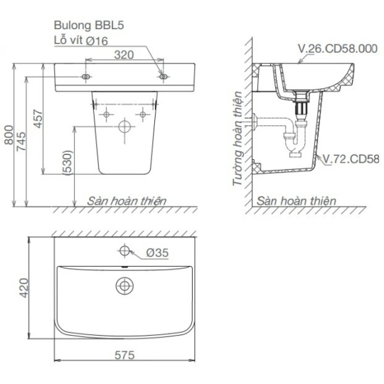 Chậu Rửa Lavabo Viglacera CD58 (V58) Fansipan Chân Ngắn
