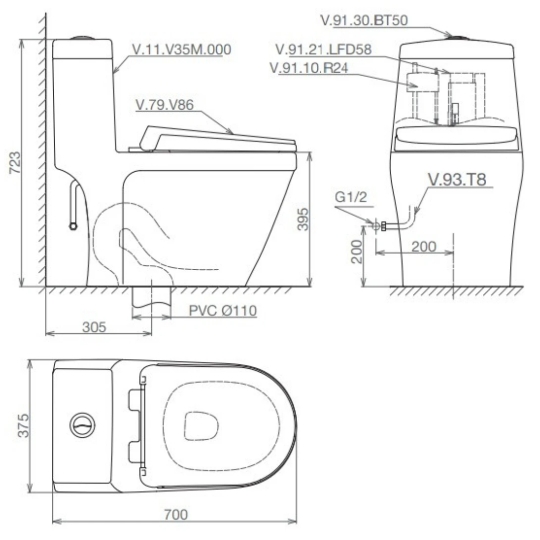 Bồn Cầu Viglacera V35M Xả Xoáy Nắp Êm V86 + Vòi Xịt VG826