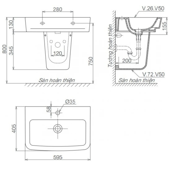 Bộ Chậu Rửa Lavabo Và Chân Ngắn Treo Tường Viglacera V50 (CD50)