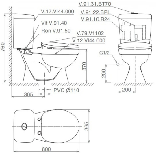Bồn Cầu Viglacera VI44 2 Khối Nắp Thường