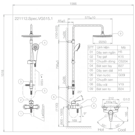 Vòi Sen Cây Viglacera VG515.1 Nóng Lạnh