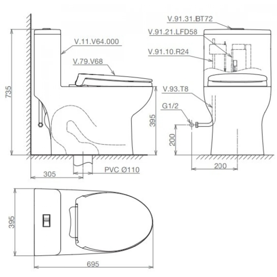 Bồn Cầu Viglacera V64 Nắp Êm V68 1 Khối