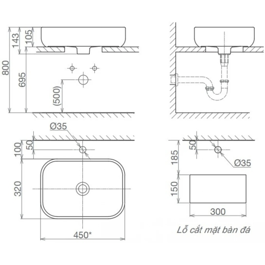 Chậu Rửa Mặt Lavabo Viglacera V25 Đặt Bàn Chữ Nhật