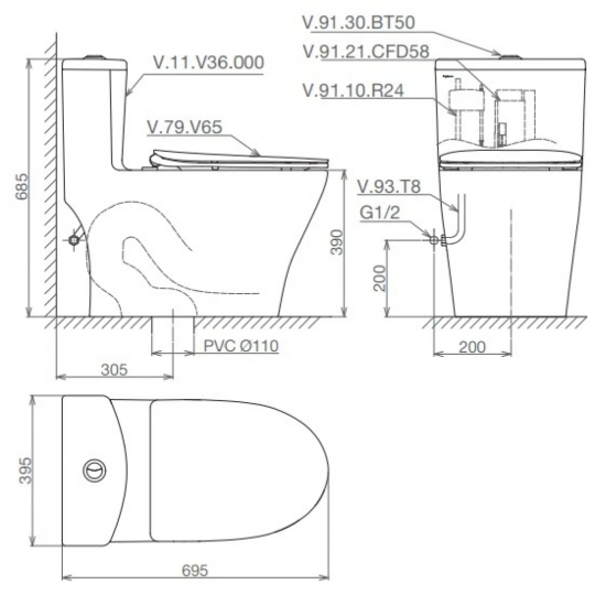 Bồn Cầu Viglacera V36 Nắp Êm + Vòi Xịt VG826