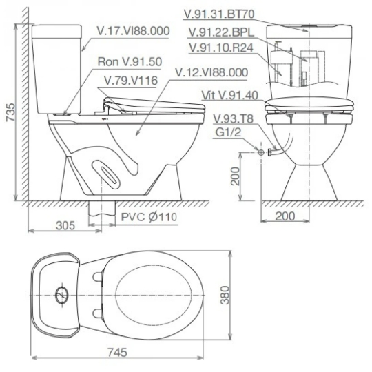 Bàn Cầu 2 Khối Viglacera VI88 Nắp Êm Kèm VTL2