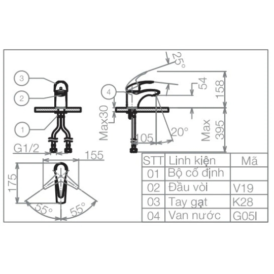 Vòi Chậu Lavabo Nóng Lạnh Viglacera VG104