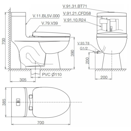 Bồn Cầu Viglacera BL5V Nắp V39 Xả Xoáy + Xịt VG826