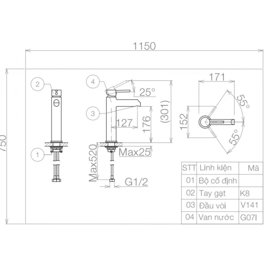 Vòi Chậu Rửa Măt Lavabo Viglacera VG141.1 Nóng Lạnh Cổ Cao