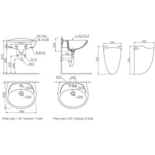 Chậu Rửa Lavabo Viglacera VTL3/VI5 Chân Treo