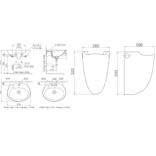 Chậu Rửa Lavabo Viglacera VTL2/BS503 (BS401) Chân Treo