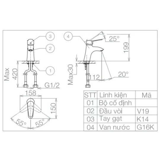 Vòi Chậu Rửa Mặt Lavabo Viglacera VG114 Nóng Lạnh
