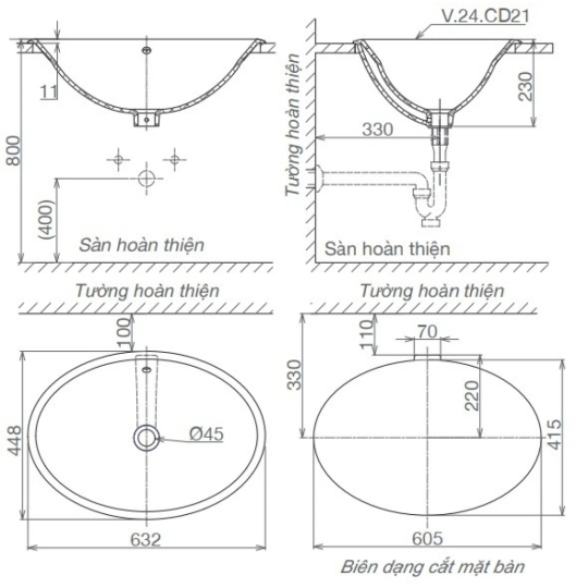 Chậu Rửa Mặt Lavabo Viglacera CD21 Dương Vành