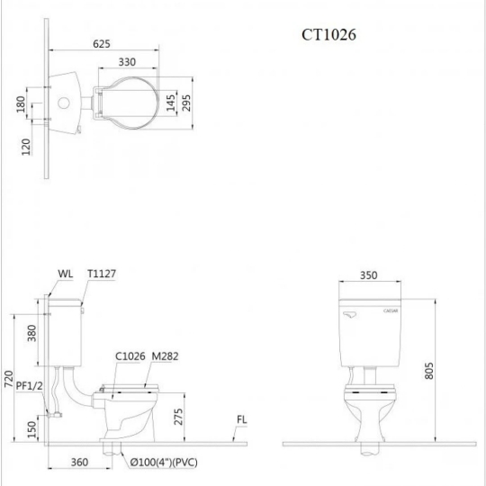 Bàn Cầu Trẻ Em Caesar CT1026 Thùng T1127 Hai Khối