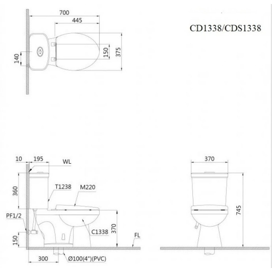 Bồn Cầu CAESAR CDS1338 Thùng T1238 2 Nhấn Nắp Êm