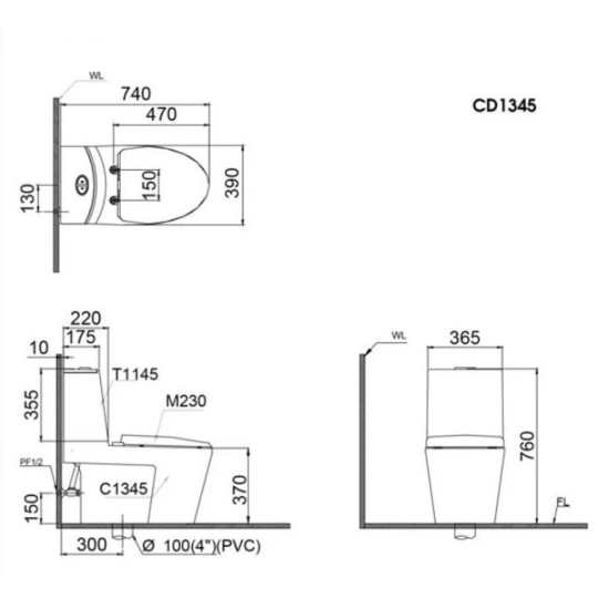 Bồn Cầu CAESAR CD1345 Thùng T1145 Nắp Êm
