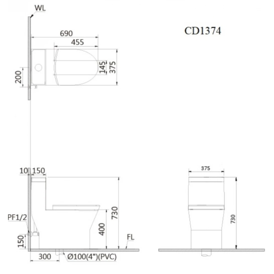 Bồn Cầu Caesar CD1374 1 Khối