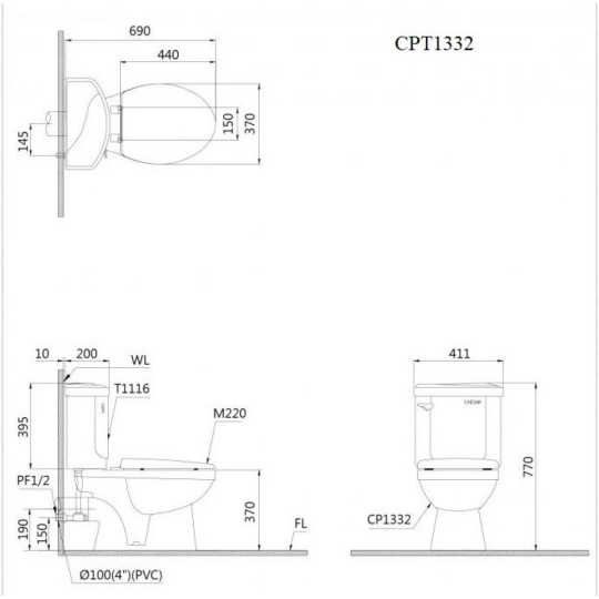 Bàn Cầu Caesar CPT1332 Thùng T1116 Thoát Ngang Xả Gạt