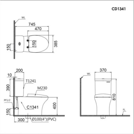 Bồn Cầu CAESAR CD1341 Thùng T1241 Nắp Êm