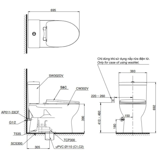 Bồn Cầu 2 Khối TOTO CS302DT3 Nắp Êm TC385VS