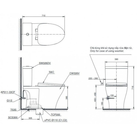 Bồn Cầu Điện Tử TOTO CS326DW18 Nắp Rửa Washlet TCF23710AAA C2 Simple