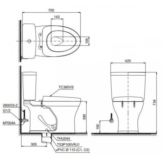 Bồn Cầu TOTO CS735DT10 Nắp Êm TC395VS 2 Khối