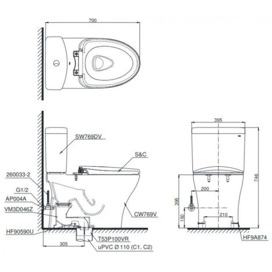 Bồn Cầu TOTO CS769DRT10 Nắp Êm TC395VS 2 Khối