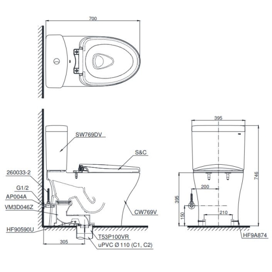 Bồn Cầu TOTO CS769DRT3 (CS769DT3) Hai Khối Nắp TC385VS