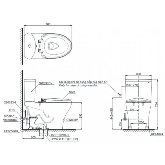 Bồn Cầu Điện Tử TOTO CS838CDW17 Nắp Rửa Washlet TCF23460AAA C2 Giấu Dây
