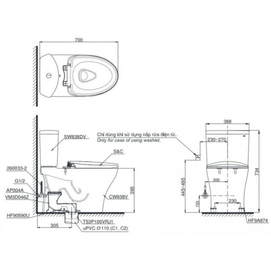 Bồn Cầu TOTO CS838DT10 Nắp Êm TC395VS 2 Khối